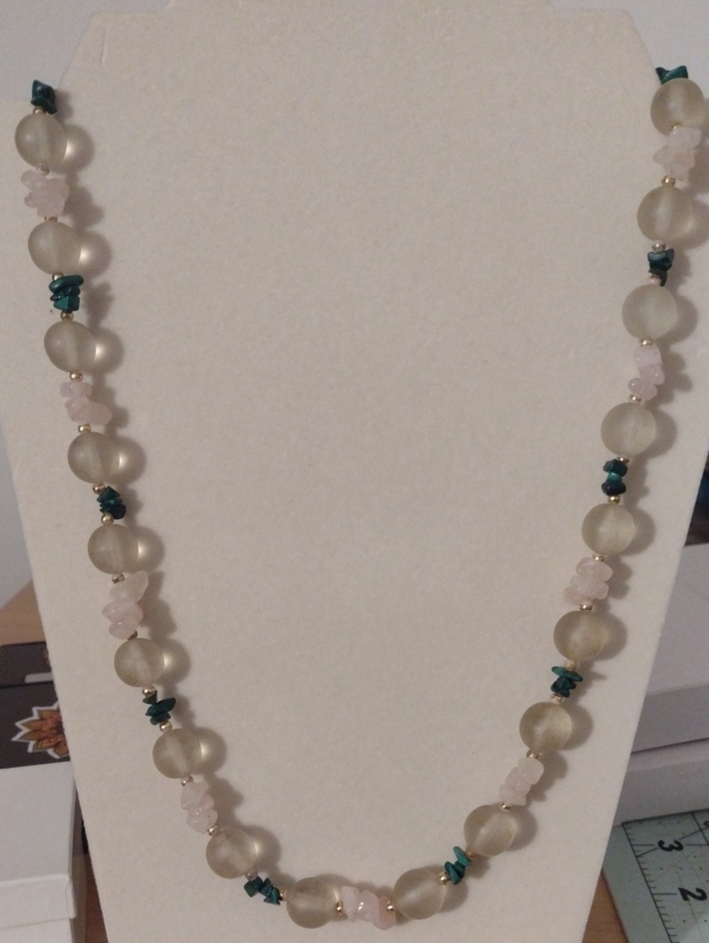 Elegant Frosted Glass Bead Necklace with Pink and Teal Accents